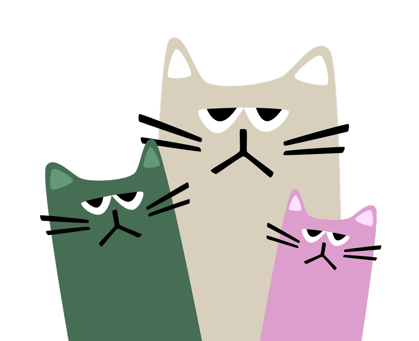 three grumpy looking cartoon cats